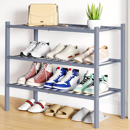 Smiry Bamboo Shoe Rack, 12 Vertical Slats, 3 Tier - 26.8" Wide, Grey | Stackable Free Standing Wooden Shoe Organizer, Wood Shoe Storage Shelf for Closet, Entryway - color: Grey, size: 26.80" Wide - 3 Tier - Regular
