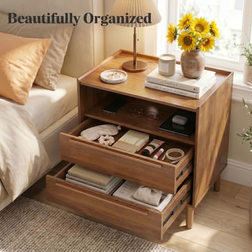 26 Inch Tall Warm Walnut Nightstand with Charging Station, 2 Drawers | 24 inch wide, 16 inch deep design with raised-edge tray top, open shelf, hidden storage, and mid century appeal - color: Warm Walnut