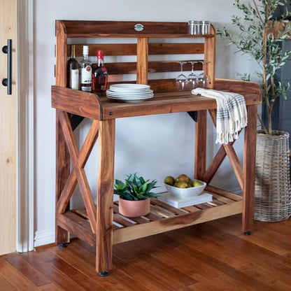 Backyard Discovery 47" Acacia Wood Garden Potting Bench & Serving Bar with Lower Storage Shelf, Leveling Feet, All-Weather Farmhouse Design for Patio, Deck, Porch, Kitchen, Dining Room - style: With Decorative Shelves