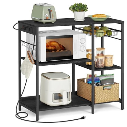 VASAGLE Baker's Rack, Coffee Bar Stand with Charging Station, 35.6 Inches Tall, Storage Shelves, Pull-Out Wire Basket, Table for Microwave, Kitchen, Charcoal Gray and Ink Black UKKS036B22 - color: Charcoal Gray + Ink Black, style: With Power Outlet