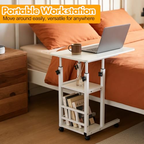Adjustable C Table,Over Bed Table with Wheels,Rolling Side Table, Over Bed Table with Wheels, Bedside Table, for Sofa Side Small Space, Stable Multi Storage Desk (White) - color: White