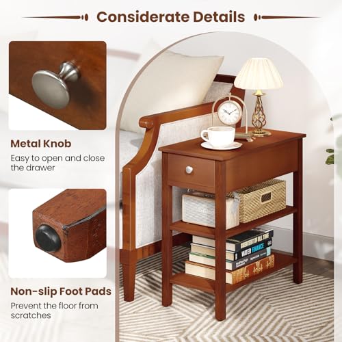 Giantex Narrow End Table Set of 2, Farmhouse Side Tables with Drawer & Storage Shelves, Wood Sofa Side Table, 3-Tier Night Stand for Small Space Living Room Bedroom, Brown - color: Brown