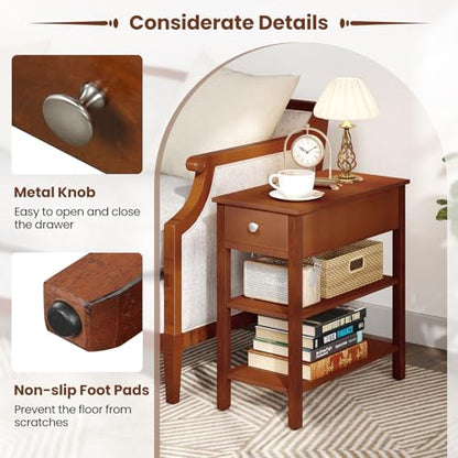 Giantex Narrow End Table Set of 2, Farmhouse Side Tables with Drawer & Storage Shelves, Wood Sofa Side Table, 3-Tier Night Stand for Small Space Living Room Bedroom, Brown - color: Brown