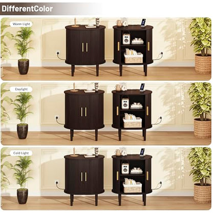 DHH Mid Century Modern Nightstand with Charging Station, Fluted Accent Side Table with Sliding Door & Adjustable Shelf, End Table for Small Space, Living Room, Bedroom,Sofa Couch(1, Dark Walnut) - color: Dark Walnut