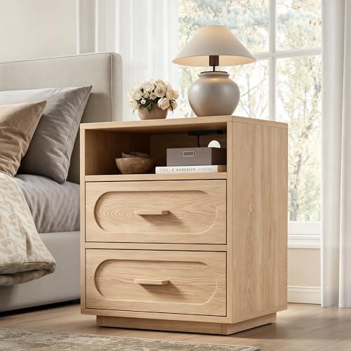 YANSNWO Natural Nightstand with Charging Station, 21.7" Modern End Table with 2 Drawers Storage, Open Shelf, Mid Century Bedside Table with Unique Base Design for Bedroom, Living Room - color: Natural, size: 15.7"D x 21.7"W x 25.8"H (2 Drawers)