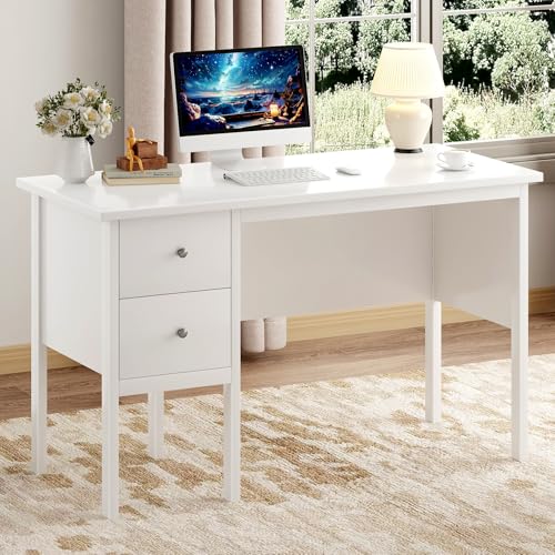 BHG Computer Desk with Drawers,Modern White Home Office Desk with Storage Filing Cabinet, Vanity Desk Makeup Dressing Table for Bedroom,Small Writing Table PC Desks for Study(White, 43.3") - color: White