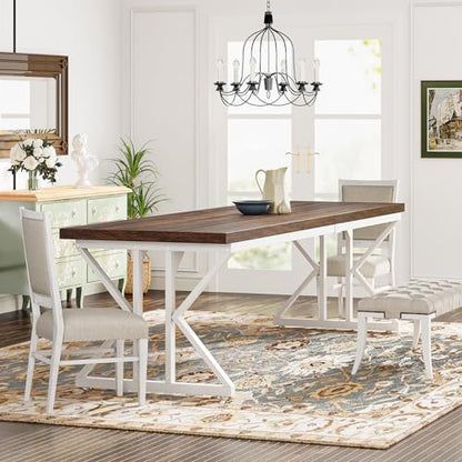 Tribesigns Farmhouse Dining Table for 6-8 People, 78.7-Inch Rectangular Wood Dining Table, Rustic Kitchen Table with Heavy Duty Metal Legs for Dining Room - color: Rustic Brown/White