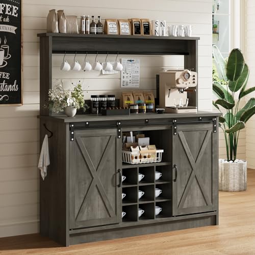 4ever2buy Farmhouse Coffee Bar Cabinet with Hutch, 47 Inch Wine Bar with Storage, Buffet Cabinet with Adjustable Shelves & 9 Wine Racks, Kitchen Buffet Cabinet for Dining Living Room, Grey - color: Grey, size: 47Inch