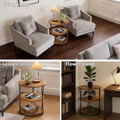 23 Inch Round Side Table 3-Tier End Table Living Room Small Patio Table Nightstands Round Coffee Table Spacious Top for Couch Bedroom 3 Storage Shelves Accent Coffee Table, Rustic Brown - color: Rustic Brown
