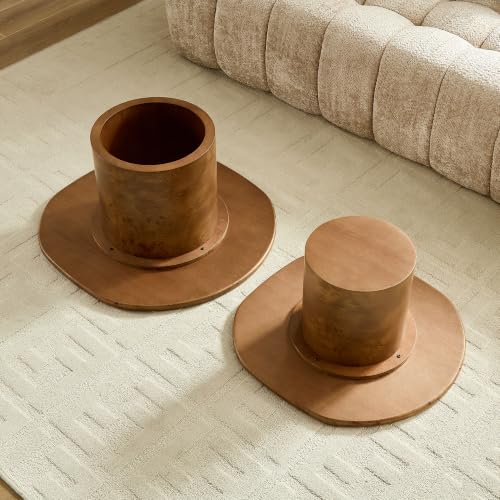 Curved Round Coffee Table Set of 2 with Sintered Stone Tabletop for Living Room, Modern Mid-Century Retro Pedestal Nesting Coffee Table, Burl Wood Veneer, Walnut, 2-Pcs - color: 2-pcs-walnut