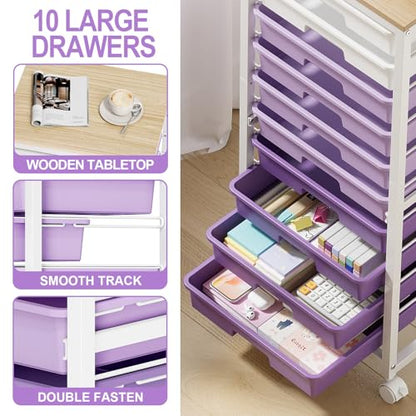 SYKIARIOL Rolling Cart with Drawers,10 Drawer Rolling Cart,Storage Cart with Wheels,Utility Cart with Drawers,Teacher Cart for Classroom Storage,Craft Cart with Wheels and Wooden Tabletop,Purple - color: purple
