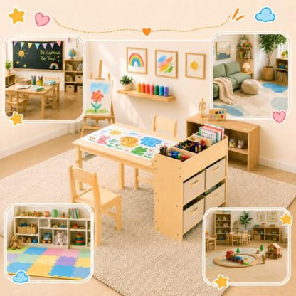 Kids Art Table & 2 Chairs Set, Wooden Activity Craft Desk w/ Paper Roll | Sturdy Wooden Table with Organizers, Open Shelves, Removable Bins, for Toddlers Art Crafts Drawing Painting Writing (Natural) - color: Natural