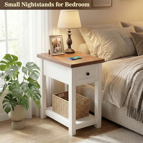 Narrow End Table with Charging Station - Farmhouse Side Table with Drawer, 14" Wide Wood Nightstand Slim Couch Bedside Table for Living Room Bedroom Small Spaces, 2-Tone Antique White & Brown - color: Antique White & Brown, size: 1 Pack