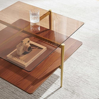 LumFurn Square Coffee Table, Mid-Century Modern Design, L30 x W30 x H17 Inch, for Living Room, 2-Tier Structure, Amber Glass Top and Walnut Wood Shelf, Sleek Conical Metal Legs with Gold Finish - color: Amber & Walnut, size: L30" Square Coffee Table