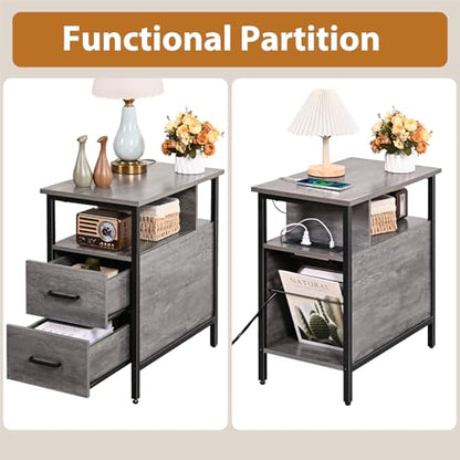 Livofloral Side Table, Gray End Tables with Charging Station, Narrow End Table with Wooden Drawers, USB Ports and Power Outlets, Nightstand and Bedside Table, Side Table Living Room, Bedroom - color: Light Gray