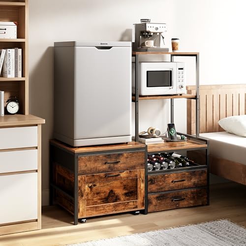Herture Mini Fridge Stand with Wine Rack, Kitchen Bakers Rack with Power Outlet, Microwave Oven Stand, Coffee Bar, Movable Drawers, for Dorm,Office, Brown HB04BXN - color: Rustic Brown