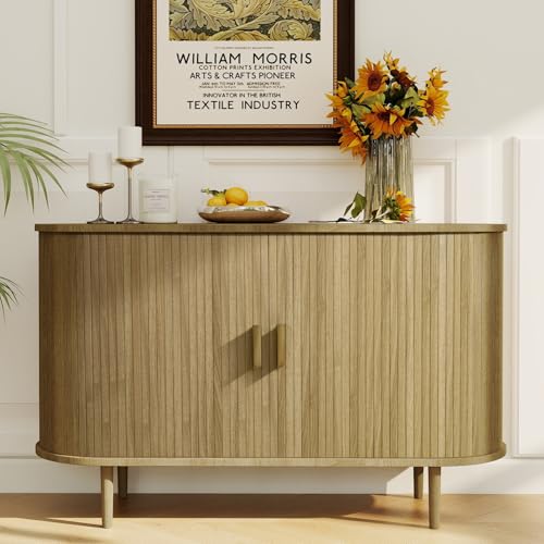 Fluted Sideboard Buffet Cabinet with Storage, 47" Mid-Century Modern Console Table with Sliding Doors, Wood Credenza for Dining Room, Coffee Bar Station, Brown