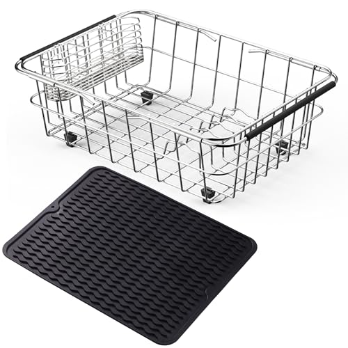 NiuYichee Stainless Steel Dish Drying Rack(15"L X 11"W X 4.1"H), Expandable Fruit & Vegetable Drain Rack over Sink, Dish Drainer Rack in Sink, with Stainless Steel Utensil Holder & Silicone Mat(16") - size: Large【15" X 11"】