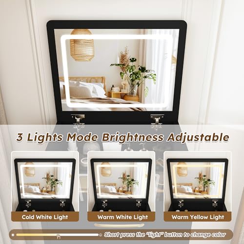 3-in-1 Black Gold Vanity Desk, Compact Makeup Vanity Set with Flip-up Mirror, Visible Glass Desktop, 3 Drawers, Hidden Storage, Multifunctional Dressing Table Nightstand Combo for Small Bedroom