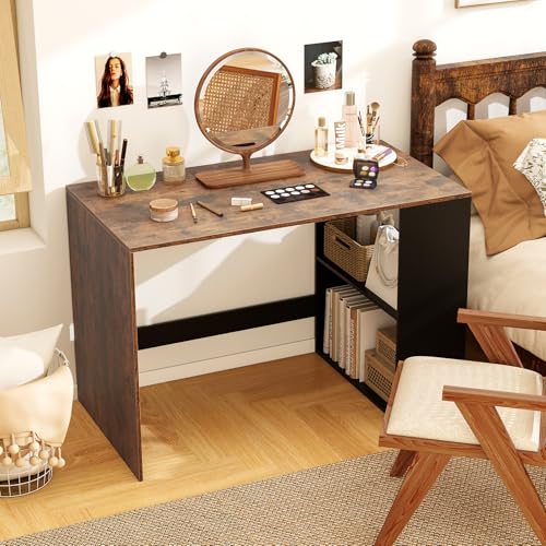 Giantex Small Desk with Bookshelf, 44 Inch Modern Computer Desk for Small Spaces, Laptop PC Desk, Vanity Table for Bedroom, Study Writing Desk for Home Office (Black+Rustic Brown) - color: Black+rustic Brown