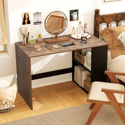 Giantex Small Desk with Bookshelf, 44 Inch Modern Computer Desk for Small Spaces, Laptop PC Desk, Vanity Table for Bedroom, Study Writing Desk for Home Office (Black+Rustic Brown) - color: Black+rustic Brown