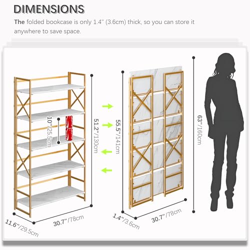 4NM Extra Wide 5 Tiers No Assembly Book Shelves, 51.2" H Folding Bookshelf Bookcase Open Industrial Foldable Shelves for Bedroom, Living Room, Home Office - White Gold - color: White Gold, size: Wide XX 5-Tier