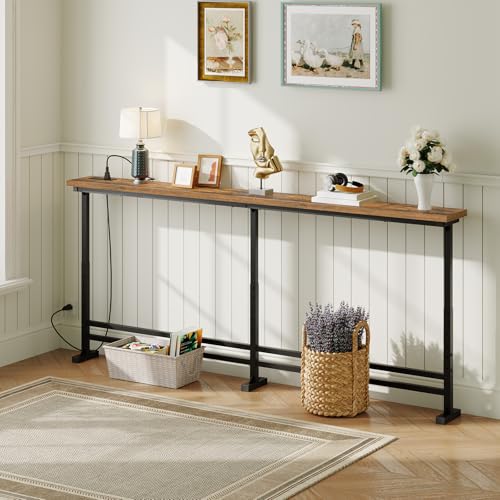 YATINEY 78.7" Console Table with Adjustable Height (27.6"-35.4") and Power Outlet, Skinny Behind Couch Table, Narrow Long Sofa Table for Living Room, Hallway, Entryway, Rustic Brown and Black CT09UBR - color: Rustic Brown + Black, size: 78.7"L x 5.9"W x 2