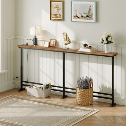 YATINEY 78.7" Console Table with Adjustable Height (27.6"-35.4") and Power Outlet, Skinny Behind Couch Table, Narrow Long Sofa Table for Living Room, Hallway, Entryway, Rustic Brown and Black CT09UBR - color: Rustic Brown + Black, size: 78.7"L x 5.9"W x 2