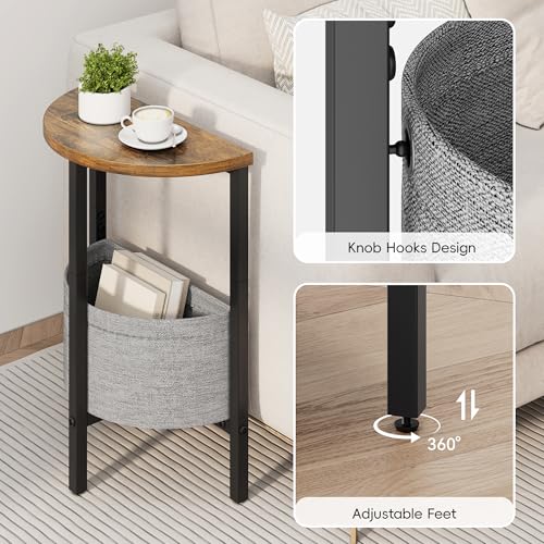 Vagusicc Small Round Side Table, Accent End Table with Storage Basket, Set of 2 Half Round Coffee Table End Table, Half Moon Bedside Table, Modern Nightstand Couch Table for Living Room Bedroom, Brown - color: Rustic Brown