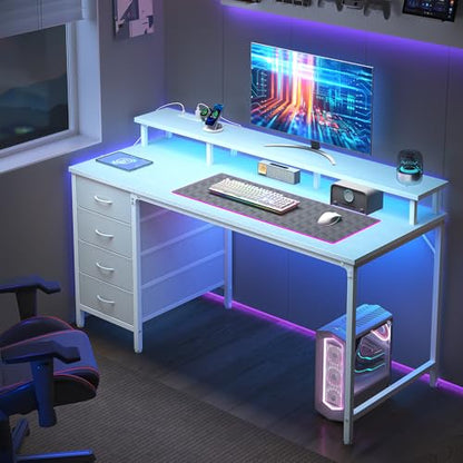 DUMOS 40-Inch Gaming Desk with Power Outlets and LED Lights, White | Computer Desk with 4 Storage Drawers, Home Office Desk with Monitor Stand, Small Desk for Bedroom Study