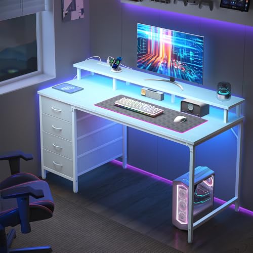 DUMOS 40-Inch Gaming Desk with Power Outlets and LED Lights, White | Computer Desk with 4 Storage Drawers, Home Office Desk with Monitor Stand, Small Desk for Bedroom Study