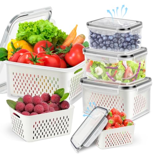 4Pack Fruit Storage Container for Fridge with Removable Colander and Vent | 8 Pieces BPA Free Kitchen Refrigerator Organizers Plastic Fruit Containers for Fridge for Fruit Berry Salad Lettuce - color: 4 Sets/8 Pcs - M -V
