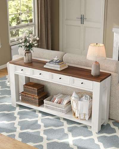 FUSOU 63 Inch Console Table, Sofa Table Behind Couch, Entryway Table with 4 Drawers & Open Shelf, Farmhouse Sofa Table for Living Room (White) - color: White