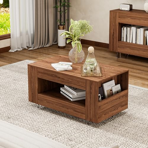 35" Coffee Table with Sides Storage & Transparent Legs, Brown Wood Grain | Farmhouse 2-tier small center table with sides storage and transparent legs, perfect for living room, home office - color: Brown Woodgrain, size: 35.43"L*19.69"W*17.72"H