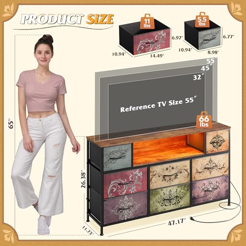 WLIVE Dresser TV Stand for 45, 50, 55 inch TV, Entertainment Center with LED Lights & Charging Station, Chest of Drawers with 8 Fabric Drawers and Open Shelves for Living Room, Hallway, Pattern - color: Pattern