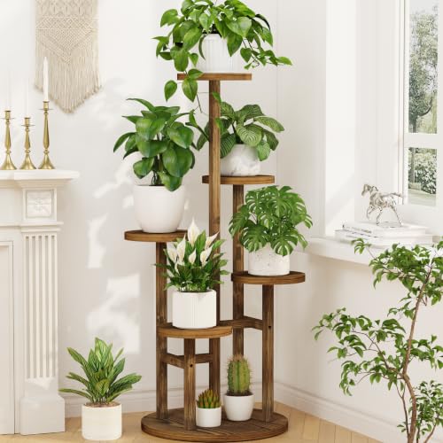 LASZOLA Wood Small Plant Stand Table Tall for Indoor Corner, 5 Tier Brown | Flower Pot Holder Rack for Multiple Plants, Rustic Planter Shelf Display for Patio Garden Balcony Living Room - color: Natural Brown, size: 5 Tier