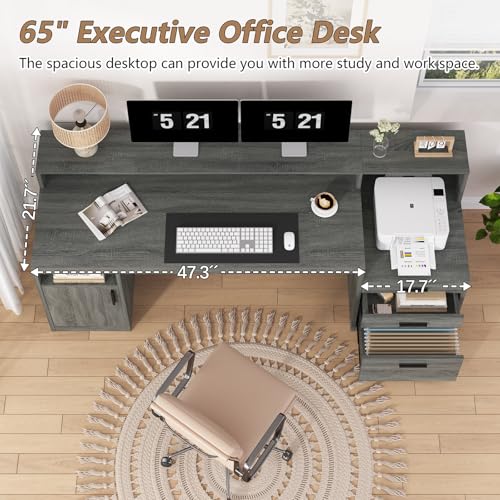 YOMILUVE Executive Computer Desk with 3 Drawers & Storage Shelves, 65 Inch Home Office Desk with File Drawer & Cabinet, Writing Study Desks with Monitor Stand & Printer Shelf, Dark Grey - color: Dark Gray