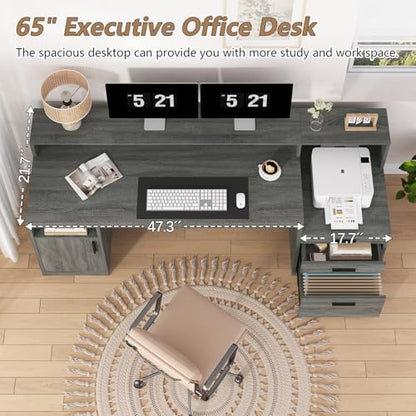 YOMILUVE Executive Computer Desk with 3 Drawers & Storage Shelves, 65 Inch Home Office Desk with File Drawer & Cabinet, Writing Study Desks with Monitor Stand & Printer Shelf, Dark Grey - color: Dark Gray