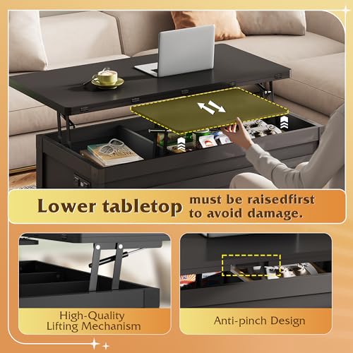 WLIVE 40" Lift Top Coffee Table, 4 in 1 Coffee Tables with Storage, 2 Fabric Drawers, LED Light and USB, Modern Coffee Table with Hidden Compartment for Living Room, Dining Room, Black - color: Black