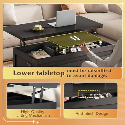 WLIVE 40" Lift Top Coffee Table, 4 in 1 Coffee Tables with Storage, 2 Fabric Drawers, LED Light and USB, Modern Coffee Table with Hidden Compartment for Living Room, Dining Room, Black - color: Black