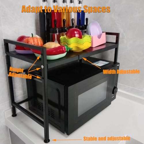 Extendable Microwave Oven Stand, Adjustable Microwave Rack Toaster Shelf, Heavy Duty Rack 2 Tier Kitchen Counter Top Organizer with 6 Hooks for Kitchen - color: Black