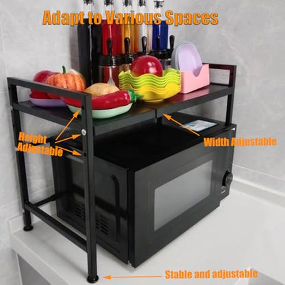Extendable Microwave Oven Stand, Adjustable Microwave Rack Toaster Shelf, Heavy Duty Rack 2 Tier Kitchen Counter Top Organizer with 6 Hooks for Kitchen - color: Black