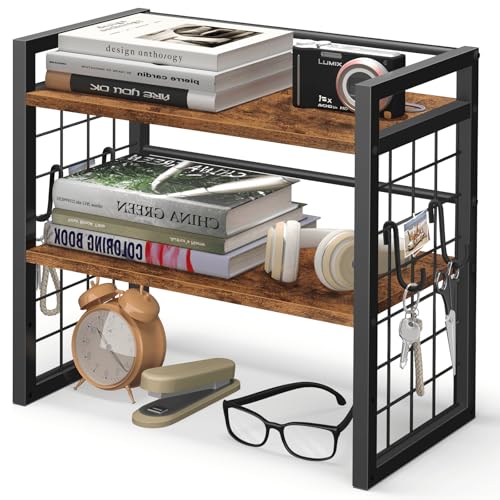 ELITEROO Desktop Shelf Organizer, 2 Tier Wood Desk Bookshelf, Desk Top Storage Rack for Office, Dorm, or Bedroom Decor, Small Tabletop Shelf for Books, Plants & Accessories, Rustic Brown - color: Rustic Brown