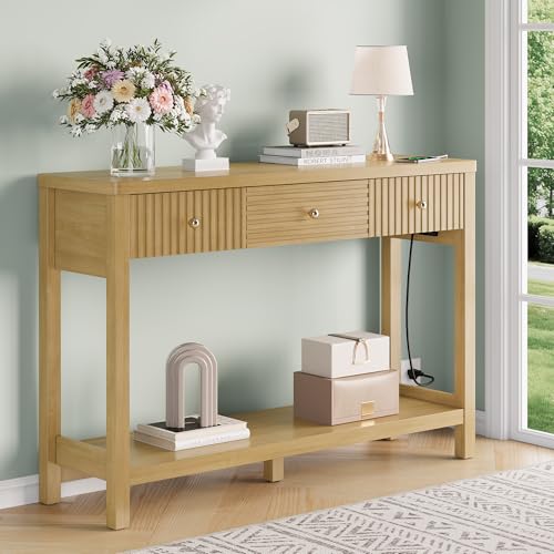 47 Inch Fluted Console Table with Outlets and USB-C Port, Mid Century Modern Sofa Table with 3 Drawers and Open Shelf, Entryway Table with Charging Station for Behind Couch, Hallway, Foyer, Oak