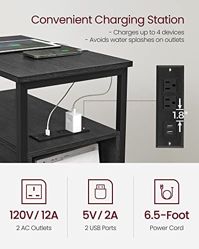 VASAGLE Side End Table with Charging Station, Slim Nightstand with 2 Drawers, Narrow Bedside Table for Living Room, Small Spaces, Charcoal Gray and Ink Black ULET321B22 - color: Charcoal Gray + Ink Black, size: 23.6"D x 13.8"W