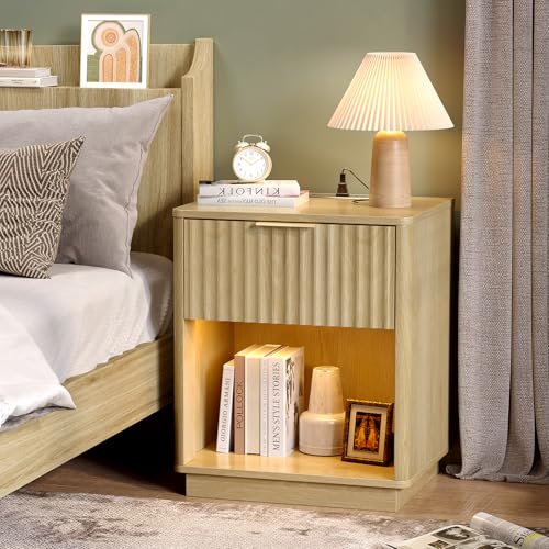 VINGLI Nightstand with Charging Station, LED Nightstand Fluted with Rounded Edge, 19" W Mid Century Modern Night Stand for Bedroom, Fluted Bed Side Table, Oak, 18.9" W*15" D*22.4" H - color: Oak, size: 19"W-1 Drawer 1 Shelf