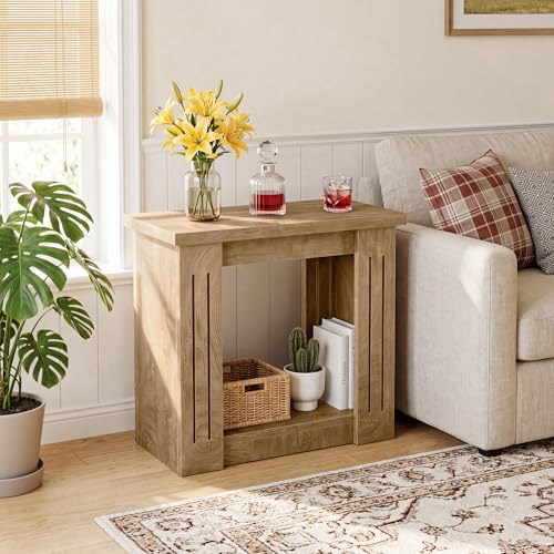 Tribesigns End Table, 2-Tier Farmhouse Skinny Side Table with Storage, Wooden Nightstand End Tables for Living Room, Bedroom, Office, Small Spaces, Brown