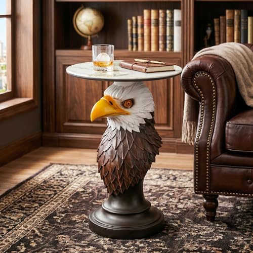 Bald Eagle Accent Table, Unique Resin Animal Base End Table with Faux Marble Top, Decorative Statement Piece for Man Cave, Brown/White - color: Eagle - Realistic Brown & White