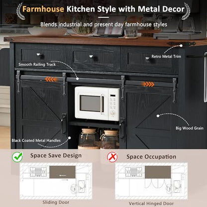 Ball & Cast Kitchen Island with Storage,53.7" Farmhouse Rolling Kitchen Island Cart w/Power Outlet & Drop Leaf,Mobile Island Table w/3 Drawers,Towel Rack and Spice Rack,for Home and Dining Room,Black - color: Black