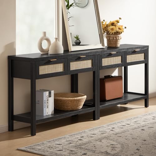 SICOTAS 79" Black Rattan Console Table with Drawers, Boho Entryway Table | Entry Table With Storage Drawers, Large Hallway Table for Entryway, Sofa Table Behind Couch, Console Table for Living Room - color: Black Oak, size: 2 Pieces